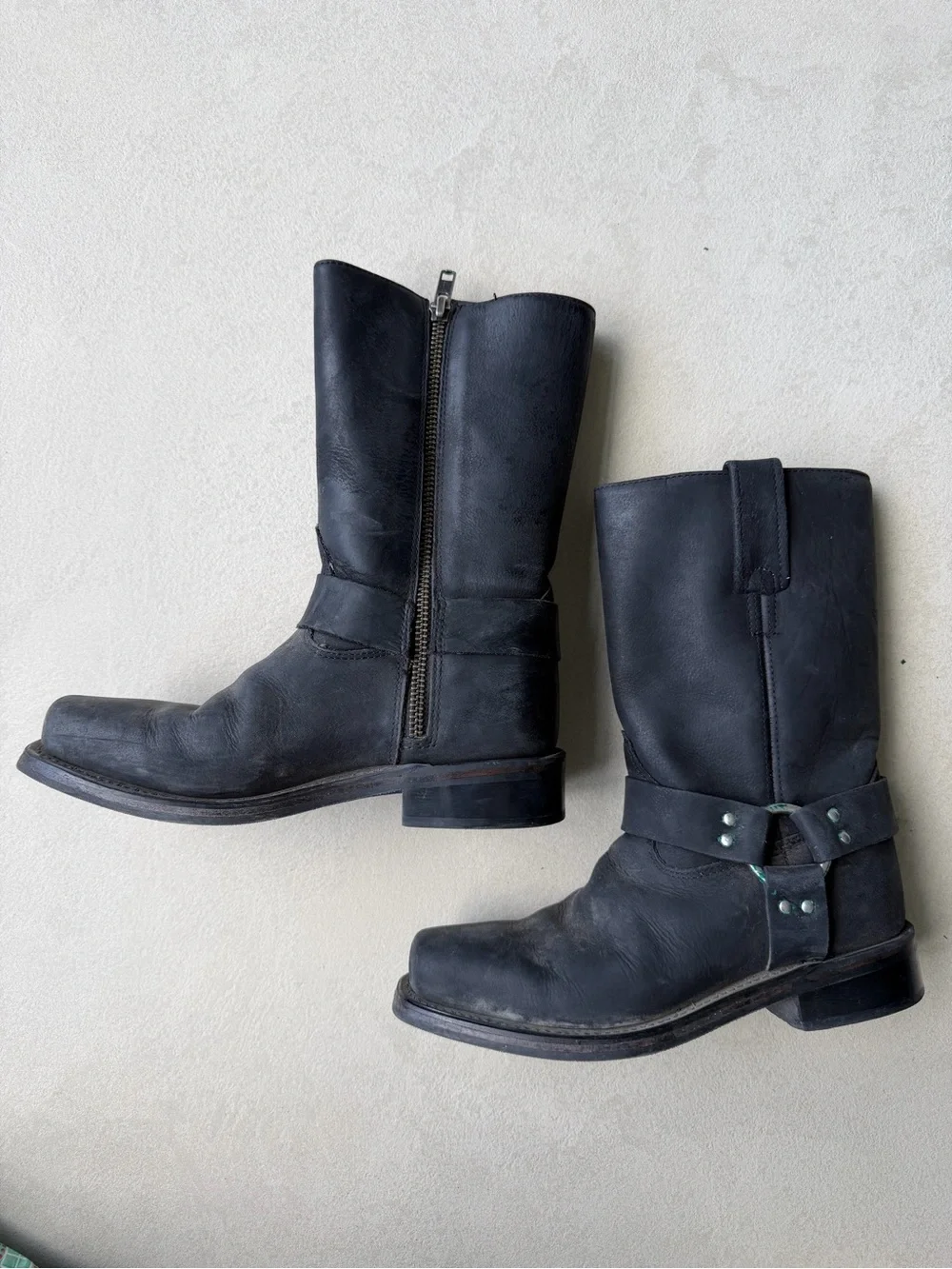 Old West Black Leather Harness Zip Cowboy Boots